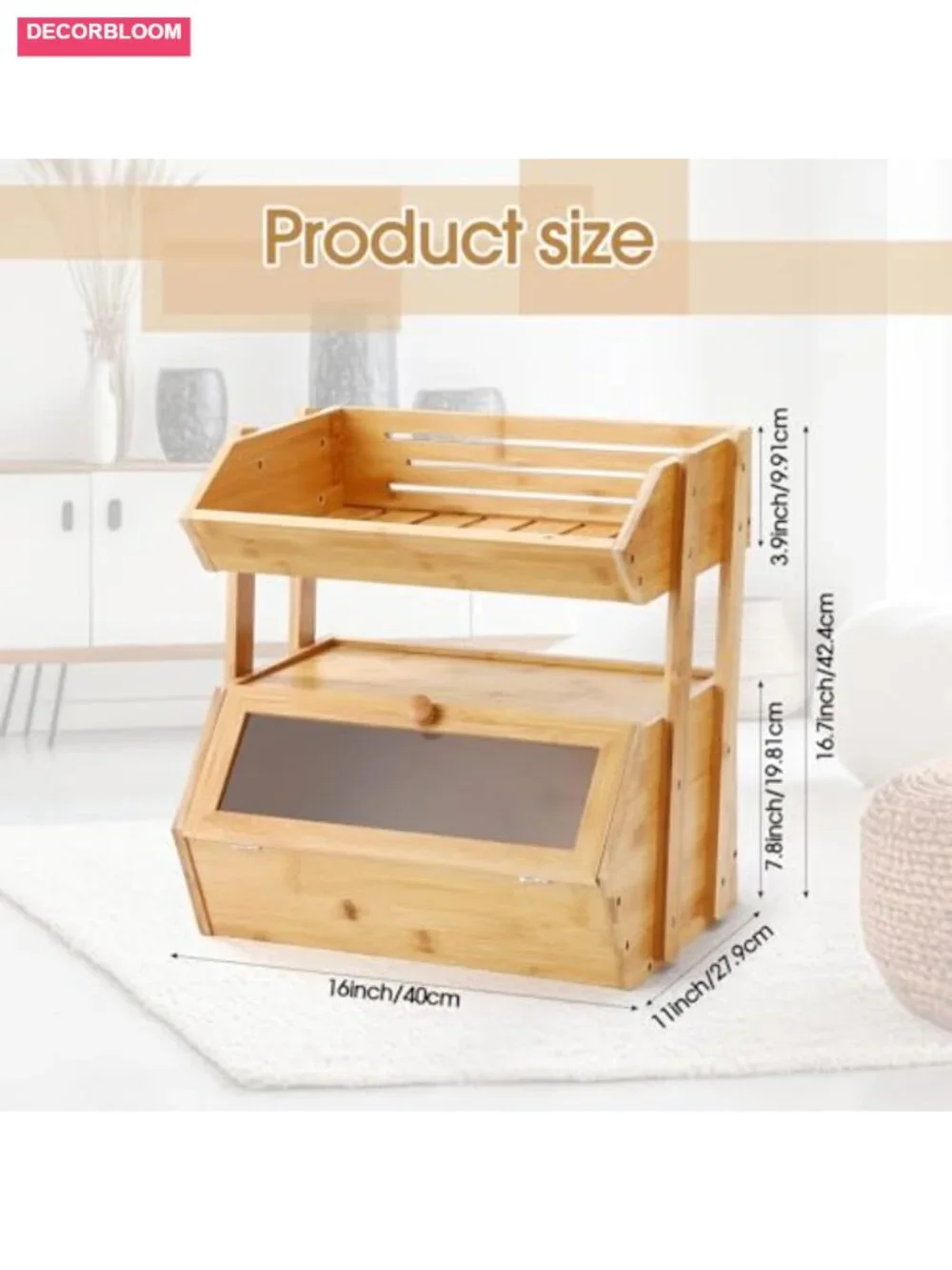 2 Tier Bamboo Bread Box with Fruit Basket for Kitchen Countertop Storage